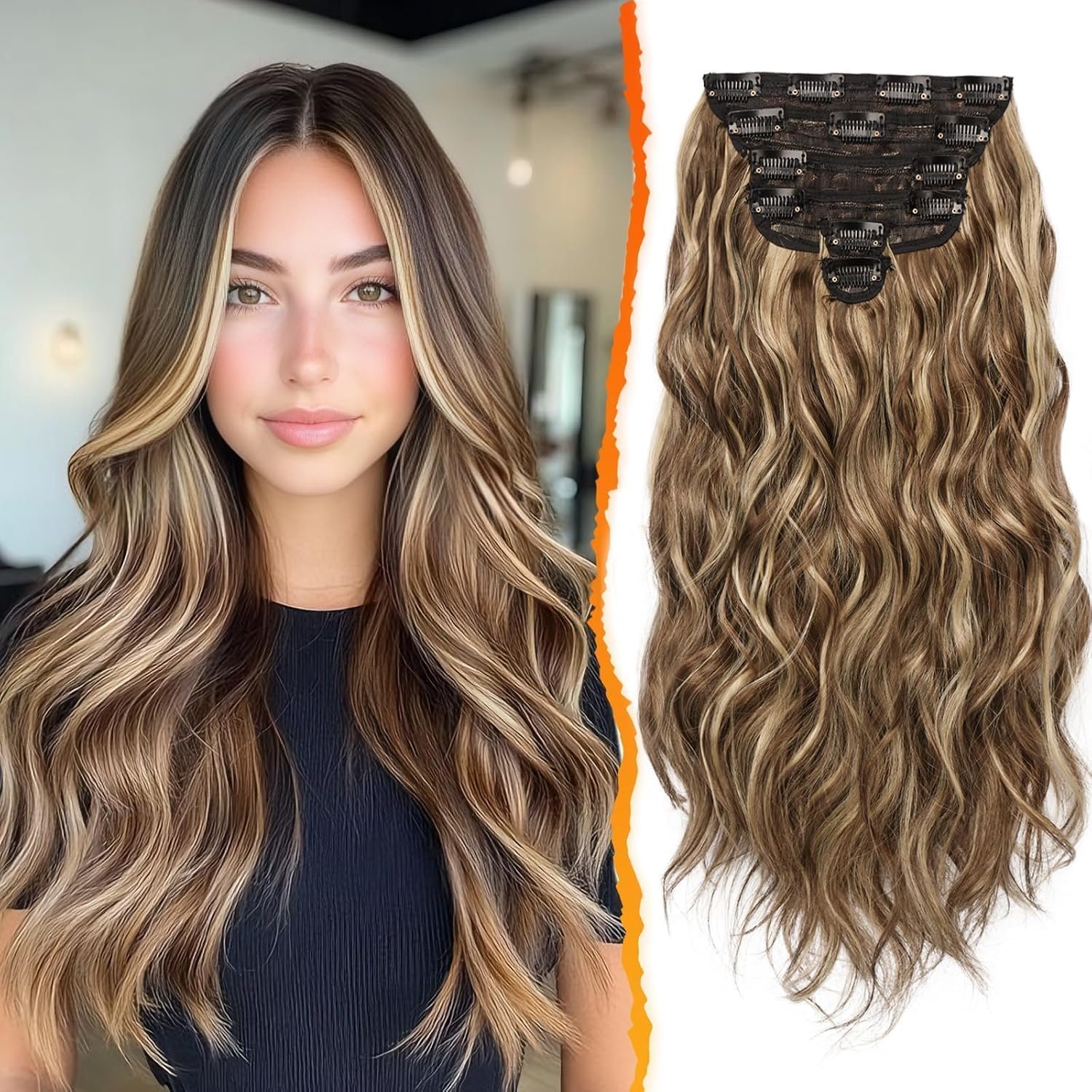 Lot de 6 extensions de cheveux à clip, 50 cm de long, ondulés, synthétiques, épaisses, pour femme, marron moyen et blond