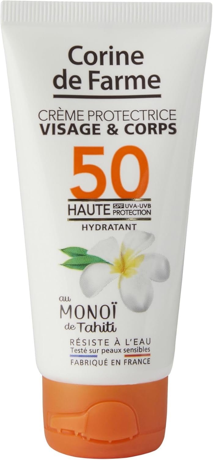 Crème Protectrice Visage & Corps SPF50 - Haute Protection UVA & UVB - au Monoï de Tahiti - Résiste à l'Eau - Fabriqué en France - 50ml