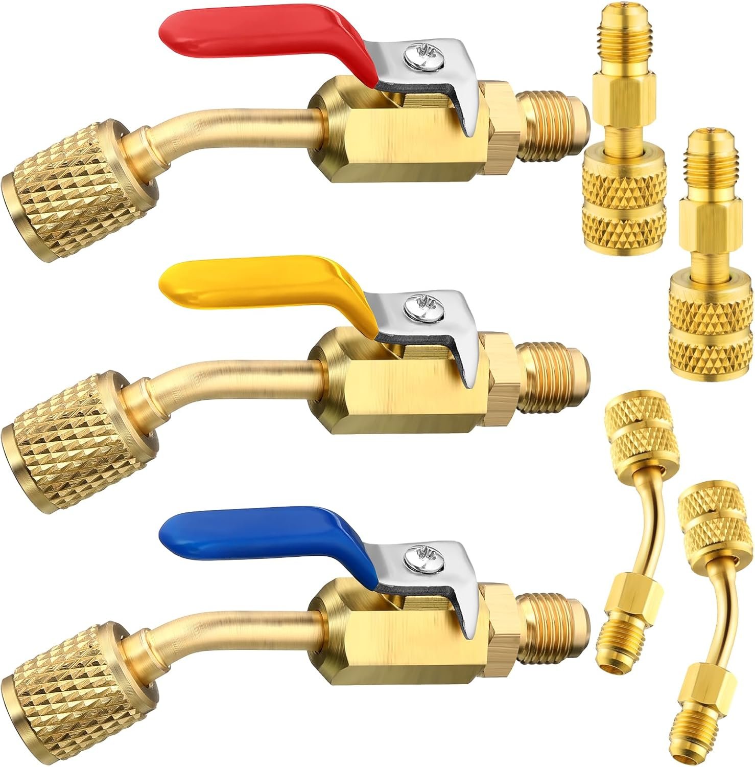 Lot de 7 Robinets à Boisseau Sphérique Compacts pour Climatisation 6,35 mm pour Adaptateur CVC R410A R134A R12 R22 Femelle vers Mâle 6,35 mm (Robinet à Boisseau Sphérique 3 Angles, 2 Angles + 2