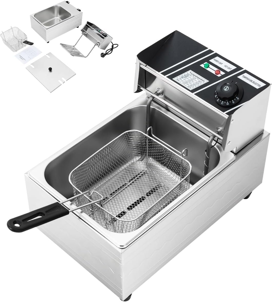 6L 2500W Friteuse électrique Acier inoxydable Cuisine professionnelle Zone froide Friteuse Résistance immergée, Contrôle de la température, Démontable, Surveillance facile, facile à nettoyer