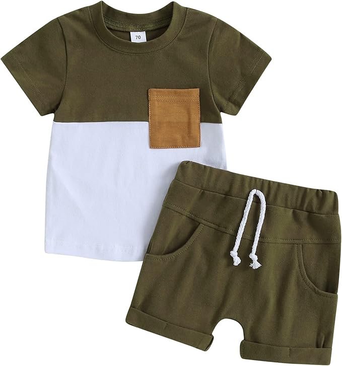 Ensemble Vêtement Bébé Garçon Eté de 2 Pcs, T-Shirt à Manches Courtes à Rayures avec Poche + Shorts Taille Elastique avec Poches