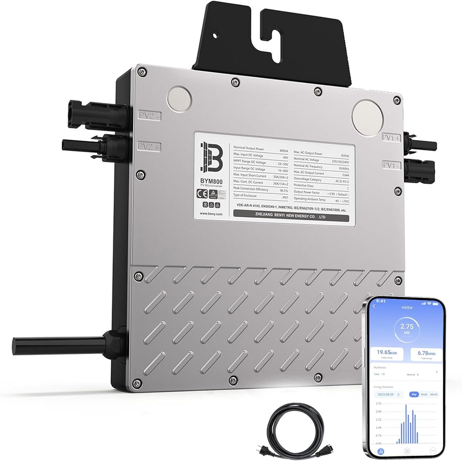Micro-onduleur Solaire 800W- Onduleur Connecté au réseau électrique avec Contrôle Wi-FI et APP- Puissance de l'onduleur Solaire réglable de 800 W à 600 W- IP67- Câble de Connexion de 5 m de Long