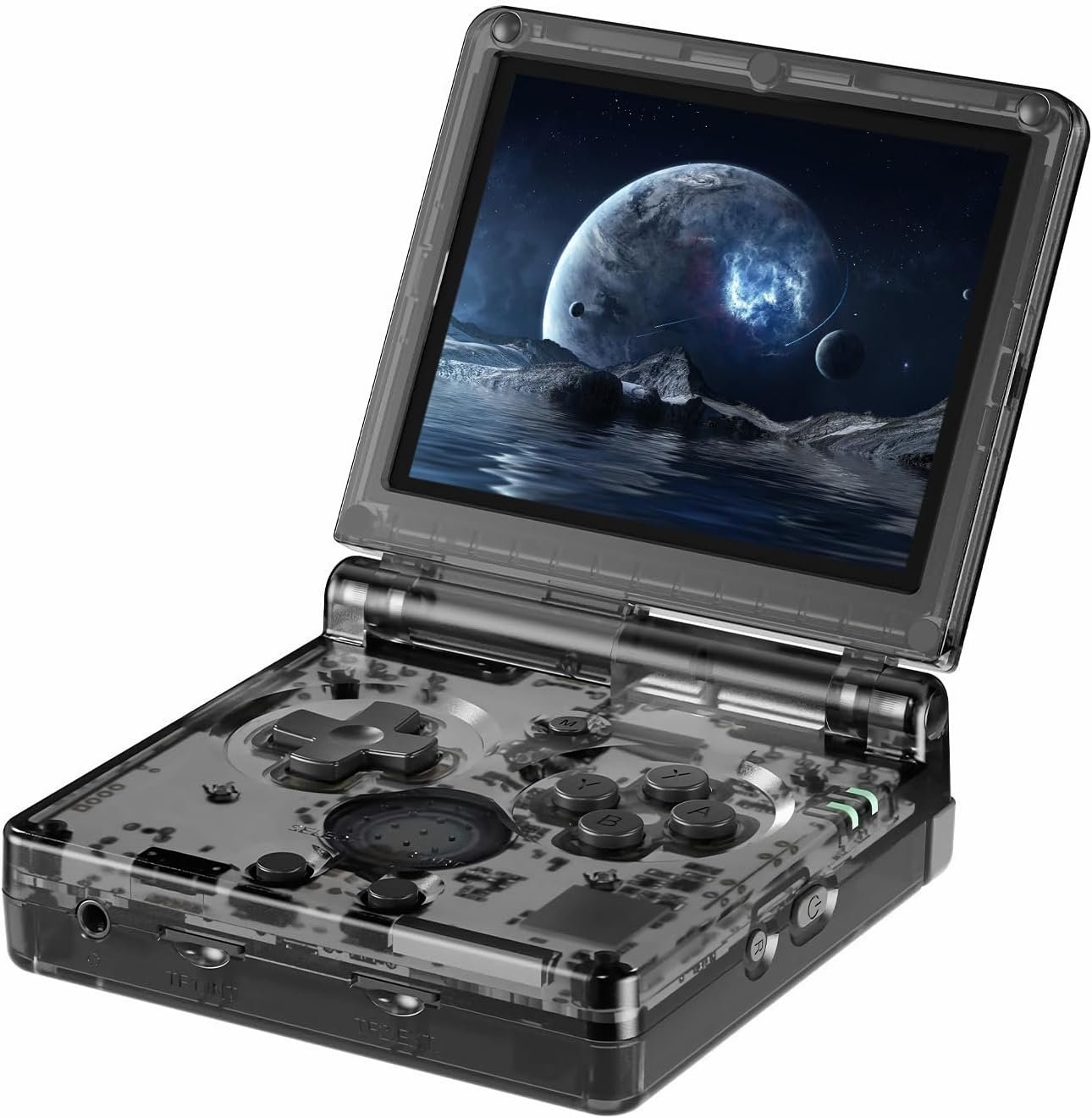 RG35XXSP Consoles de jeux portables à clapet avec carte TF intégrée 64 Go + 128 Go, plus de 8 000 jeux, style portable, consoles de jeux vidéo à rabat, système Linux avec étui (noir transparent)