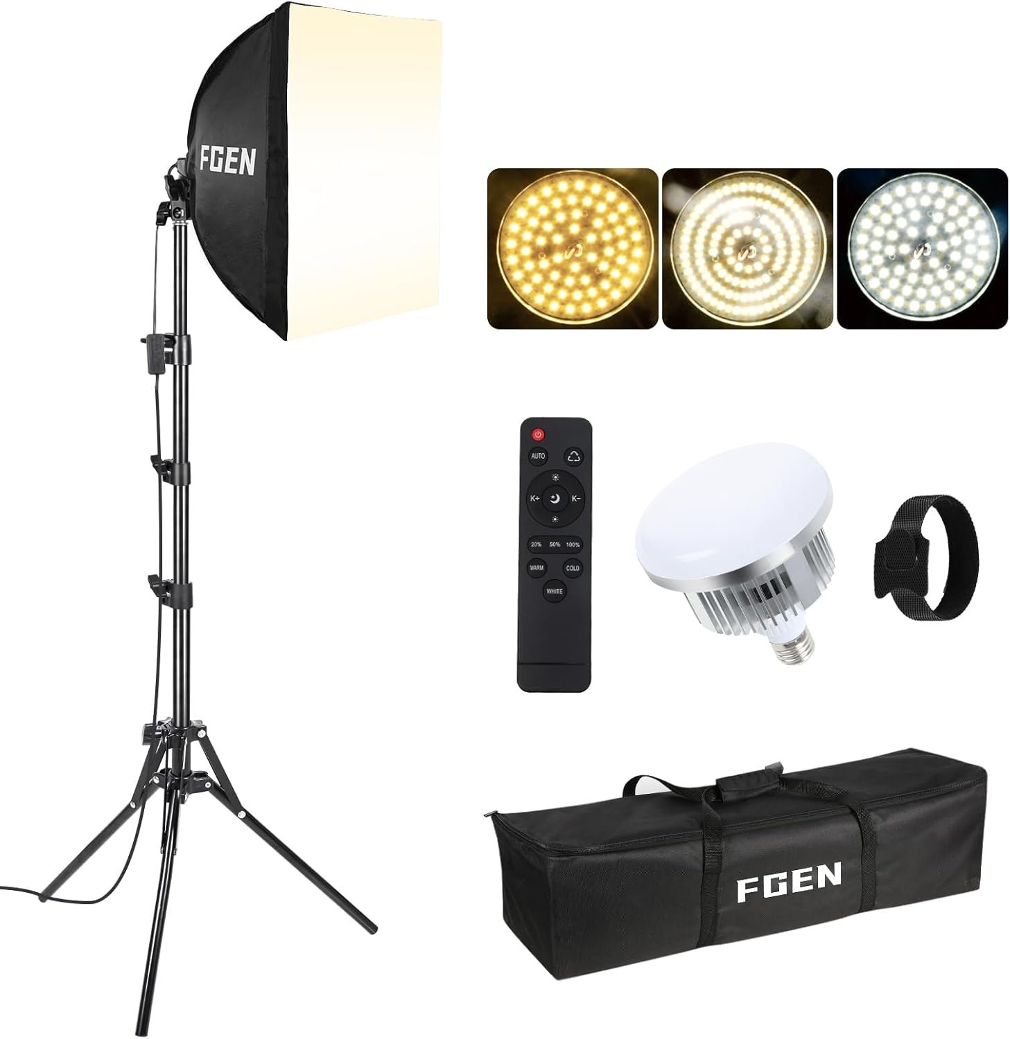 Softbox 85W LED 2700-6400K avec 3 Modes: Froid/Neutre/Chaud, Léger Télécommande Incluse. Luminosité 0-100% Réglable. Softbox 1x40x40cm, Câble 300cm, Trépied 150cm Réglable.