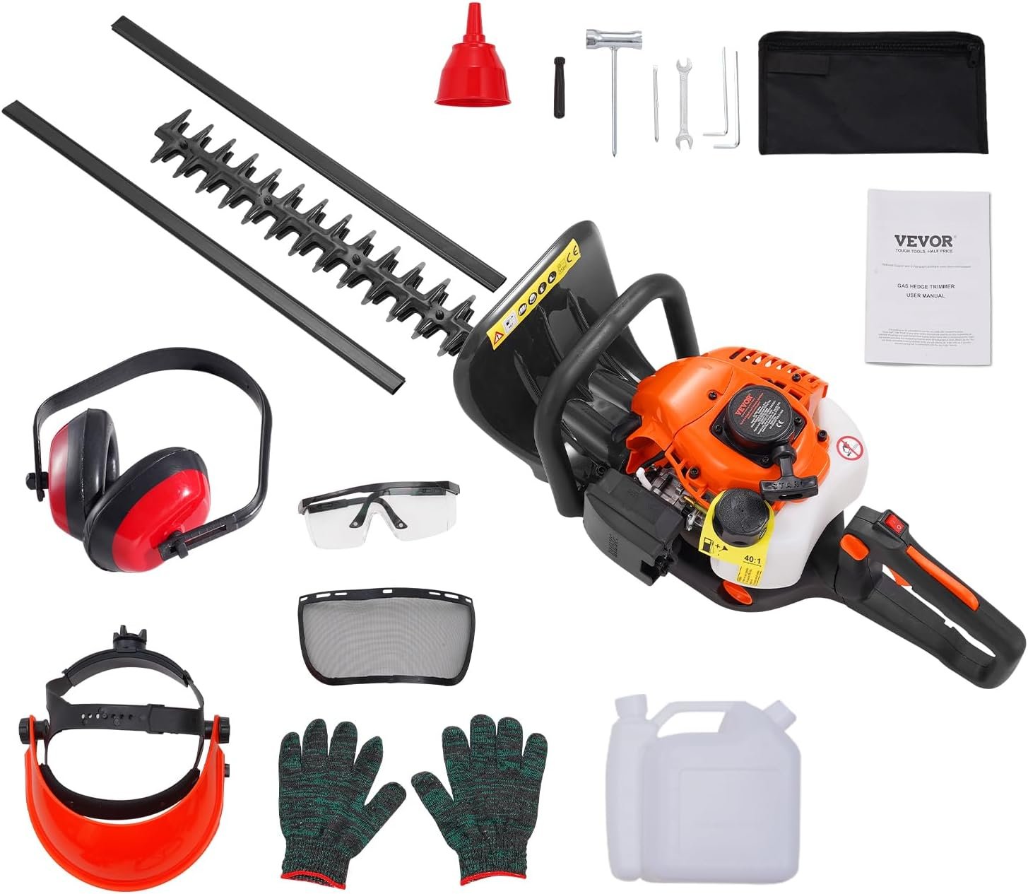 Gas Hedge Trimmer 2 Cycle, 23.2-Inch 26cc Dual Sided Blade, Handheld, Lightweight, EPA, CE, EMC Certified, Ideal for Trimming Shrubs and Bushes, Includes Blade Cover, Gloves and Ear Protectors