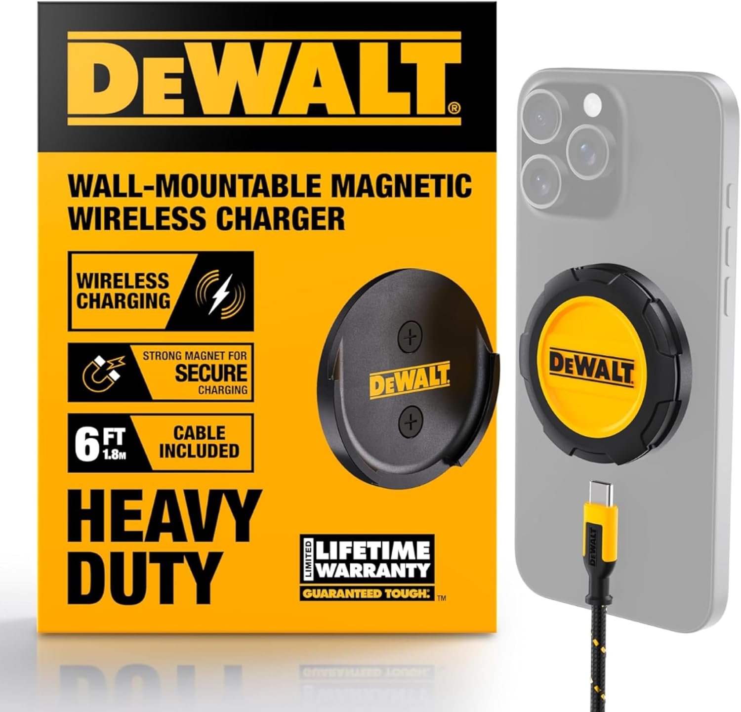 DEWALT Heavy Duty Wireless Charger, 15W Max Cell Phone Charger, Fast Wireless Charging Pad for MagSafe Compatible iPhone 17/16/15/14/13/12 Plus Pro Max, Includes Wall Mounting Plate (No AC Adapter)