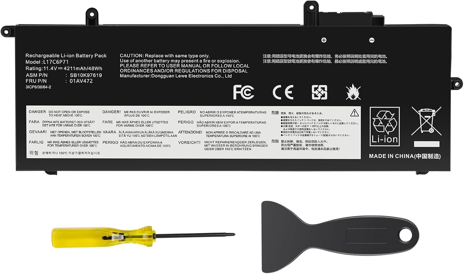 Batterie L17C6P71 11,4 V 48 Wh pour Lenovo ThinkPad X280 et A285 – Compatible L17L6P71, L17M6P71, L17M6P72, L17S6P71, 01AV470, 01AV471, 01AV472, 01AV484