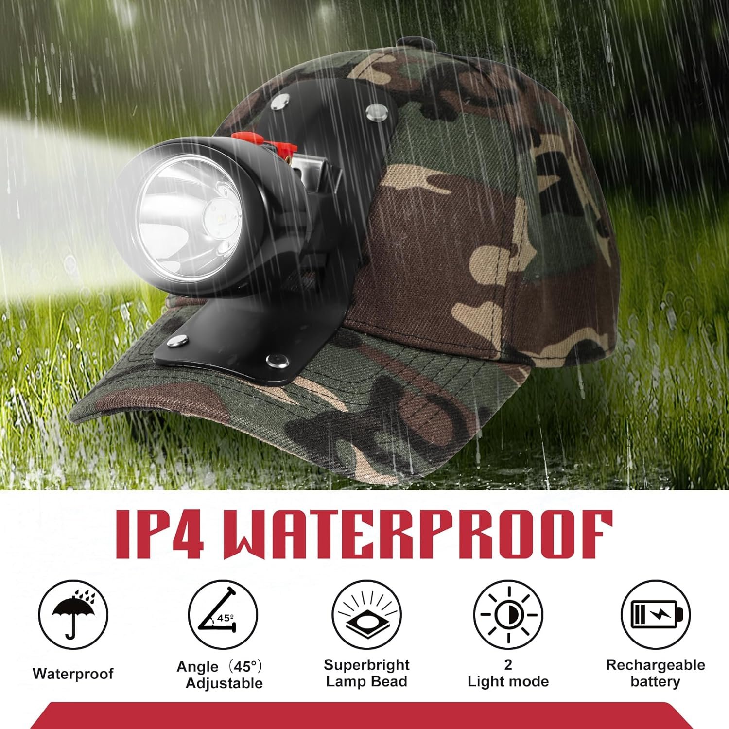 Lampe frontale minière LED High Lumens avec chapeau - Phare rechargeable durable, longue durée, bracelet réglable, parfait pour les mineurs Camping Randonnée (KL3.0 Black-Red Button with Hat)