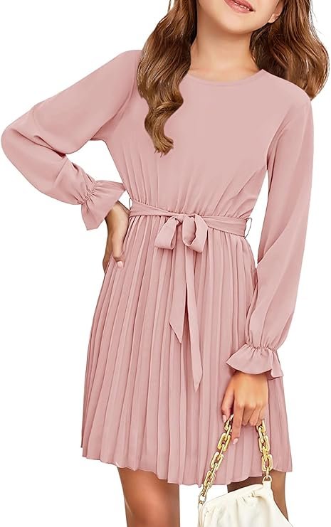 Robe Elégante à Manches Longues pour Fille - Robe Trapèze Plissée - Col Rond