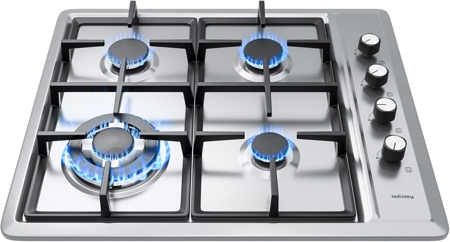 Plaque Gaz 4 Feux Inox, Plaque de Cuisson Gaz 4 feux Encastrable, Table de cuisson 60cm, Gazs Ville et Bouteille