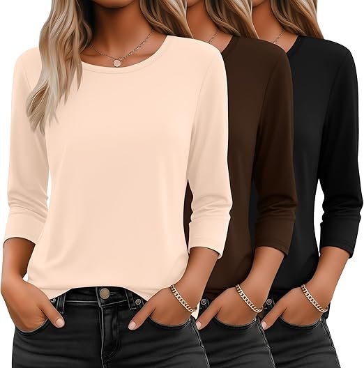 Lot de 3 Hauts à Manches 3/4 pour Femmes, Col Rond, Élégants, Basiques, Décontractés, Tendance, Coupe Ample