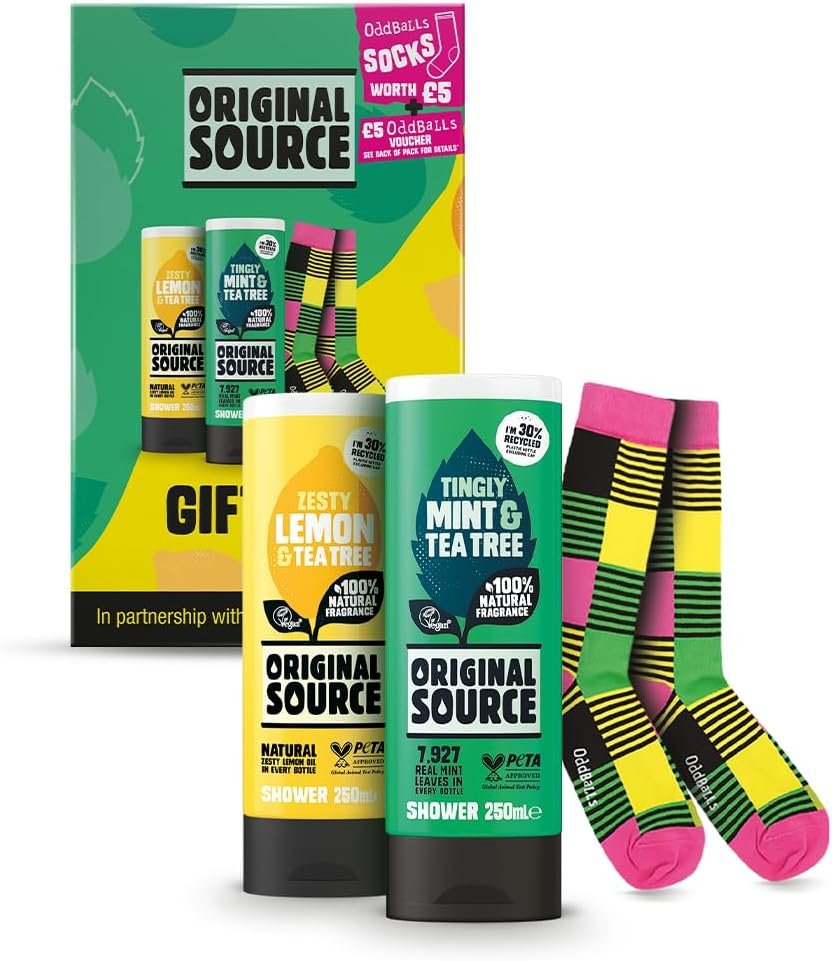 Original Source X Oddballs Gift Ensemble de gel douche menthe et arbre à thé, gel douche citron et arbre à thé, chaussettes Oddballs, cadeaux pour homme, parfum 100 % naturel, végétalien, sans cruauté