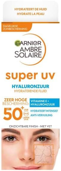 GARNIER Ambre Solaire - Fluide Super UV - Crème Solaire Visage SPF 50+ - Hydratation 24H - Acide Hyaluronique & Vitamine E - Vegan & Cruelty Free - Tous Types de Peaux - Homme/Femme - 40 ml