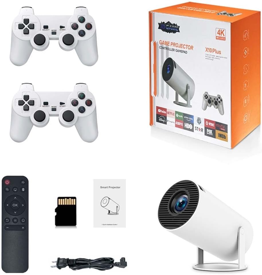 X10 Plus Console de jeu rétro avec projecteur, projecteur de jeu rétro 4K HD avec 2 manettes sans fil, sortie HDMI, Wi-Fi