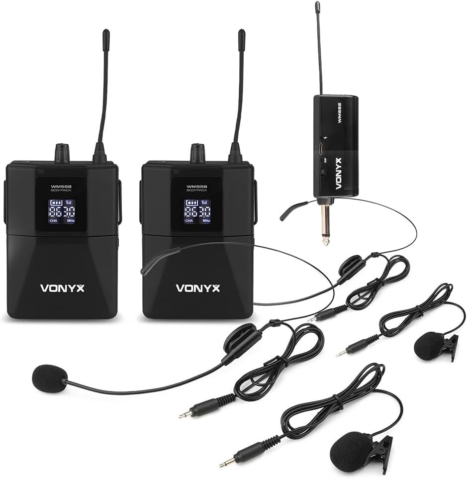 WM552B Double Microphones sans Fil UHF et Émetteur BodyPack 10 Canaux | Deux Micros Cravates et Casques pour Plateaux TV et Animateurs, Transmission UHF Stable, Récepteur Jack 6,35mm Inclus