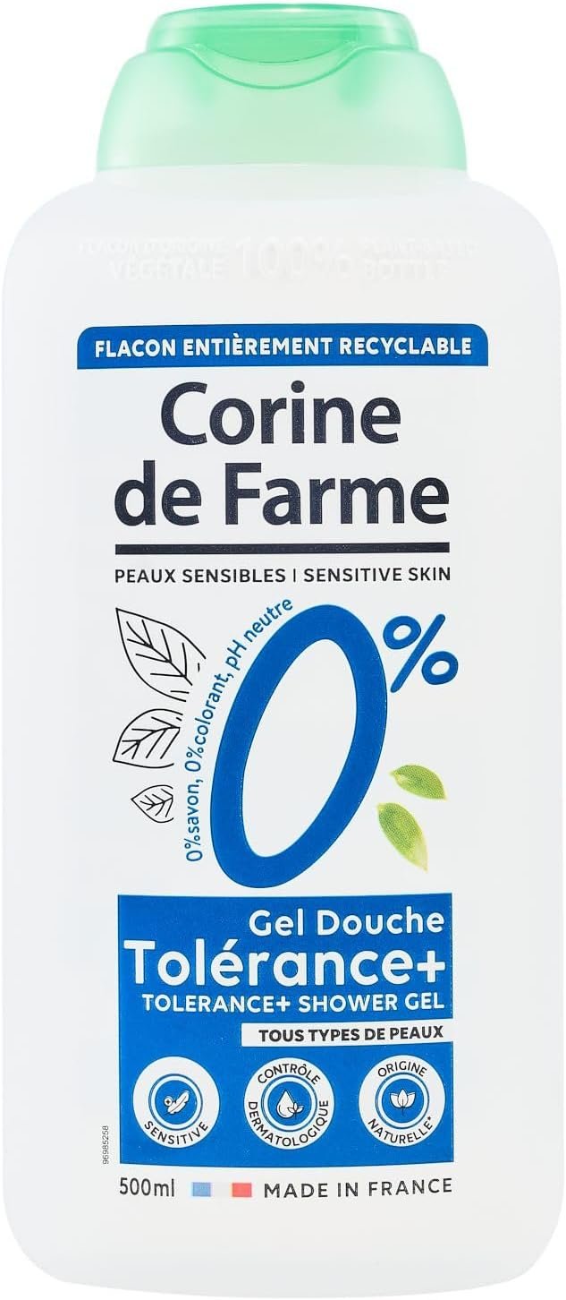 Corine de Farme - Gel Douche Hypoallergénique 0% Tolérance+ Peaux Sensibles - pH Neutre, Sans Savon ni Colorant, Naturel - Fabrication 100% Française - 500ml