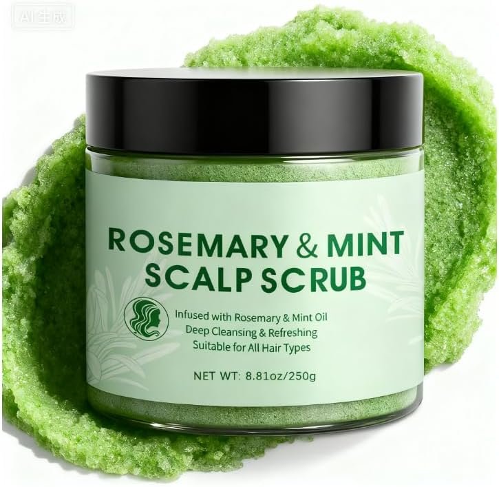 Peeling Exfoliant Cuir Chevelu – Scrub Nettoyant à l'Huile de Romarin & Menthe，Soin Détoxifiant Anti-Pellicules & Excès de Sérum，Convient à Tous Types de Cheveux，Inclut Brosse de Massage，8,81 oz