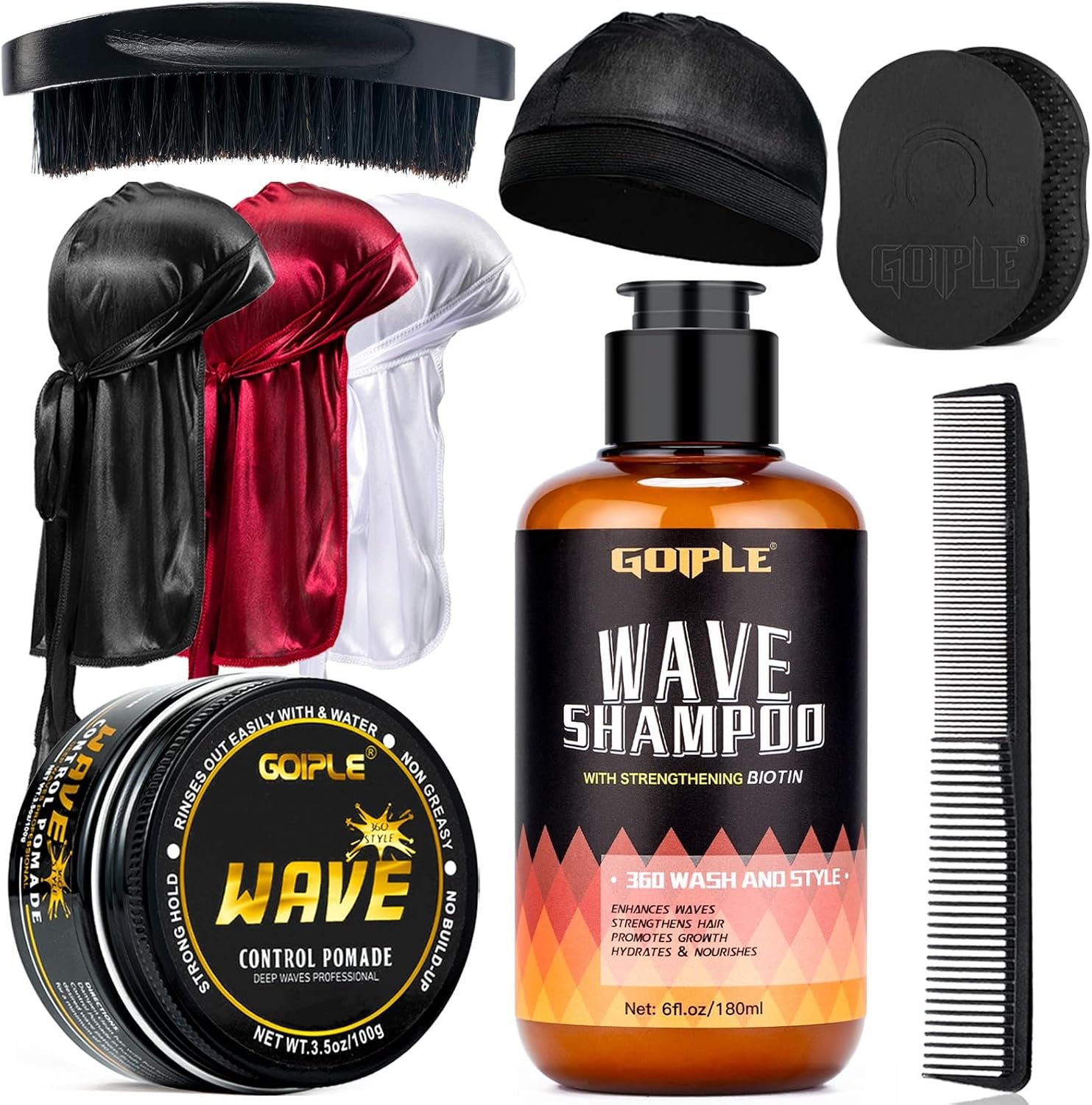 Pommade à Wave pour Hommes - Crème Lavante à Vague Facile à Laver Shampooing Hydratant, avec Brosse Waves, Durag Satin et Ensemble de Casquette Vague, Les Secrets des Vagues Parfaites