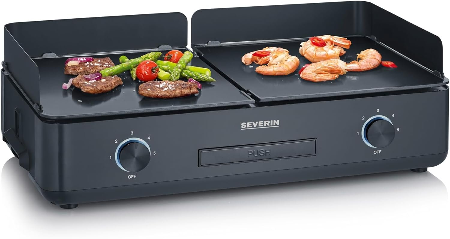 Plancha réglable jusqu'à 240°C, 2 200 W, Plaque de cuisson au revêtement céramique pour viandes, poissons & légumes, Gril électrique avec bac récupérateur de graisse amovible, Noir, PG 8569