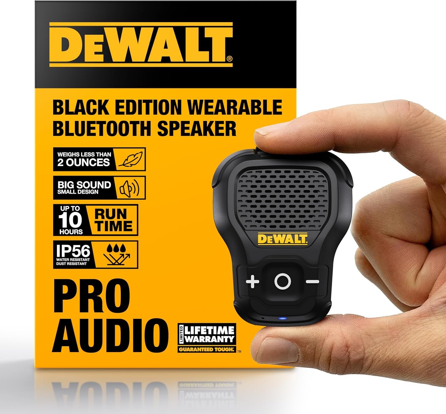 DEWALT Wearable Bluetooth Speaker [Onyx Edition - Black] Clip-On Wireless Jobsite Pro Water-Resistant Portable Speaker (Non- Magnetic), Mic for Hands-Free Music/Calls, Mini Speakers Bluetooth Wireless (Black)