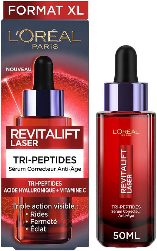 L'Oréal Paris - Sérum Correcteur Visage Anti-Âge - Soin Anti-Âge Triple Action - À l'Acide Hyaluronique, Peptides & Vitamine C - Tous Types de Peau - Revitalift Laser X3-50 ml