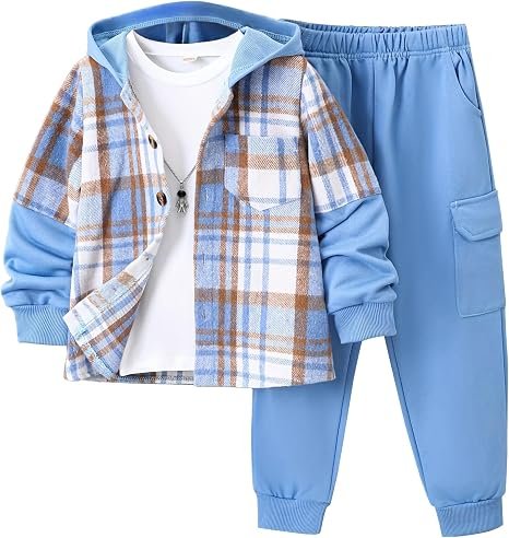 2Pcs Enfants Garçons Flanelle Plaid Shirt Tops Pantalon Set Sweat à capuche pour les tenues de printemps d'automne 4-12 ans