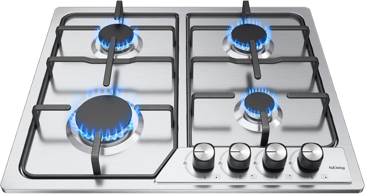 Plaque Gaz 4 Feuxs Inox, IsEasy Plaque de Cuisson Gaz 4 Feux Encastrable, Table Gazs 60cm, Table de Cuisson 7200W, Gazs Ville et Bouteille
