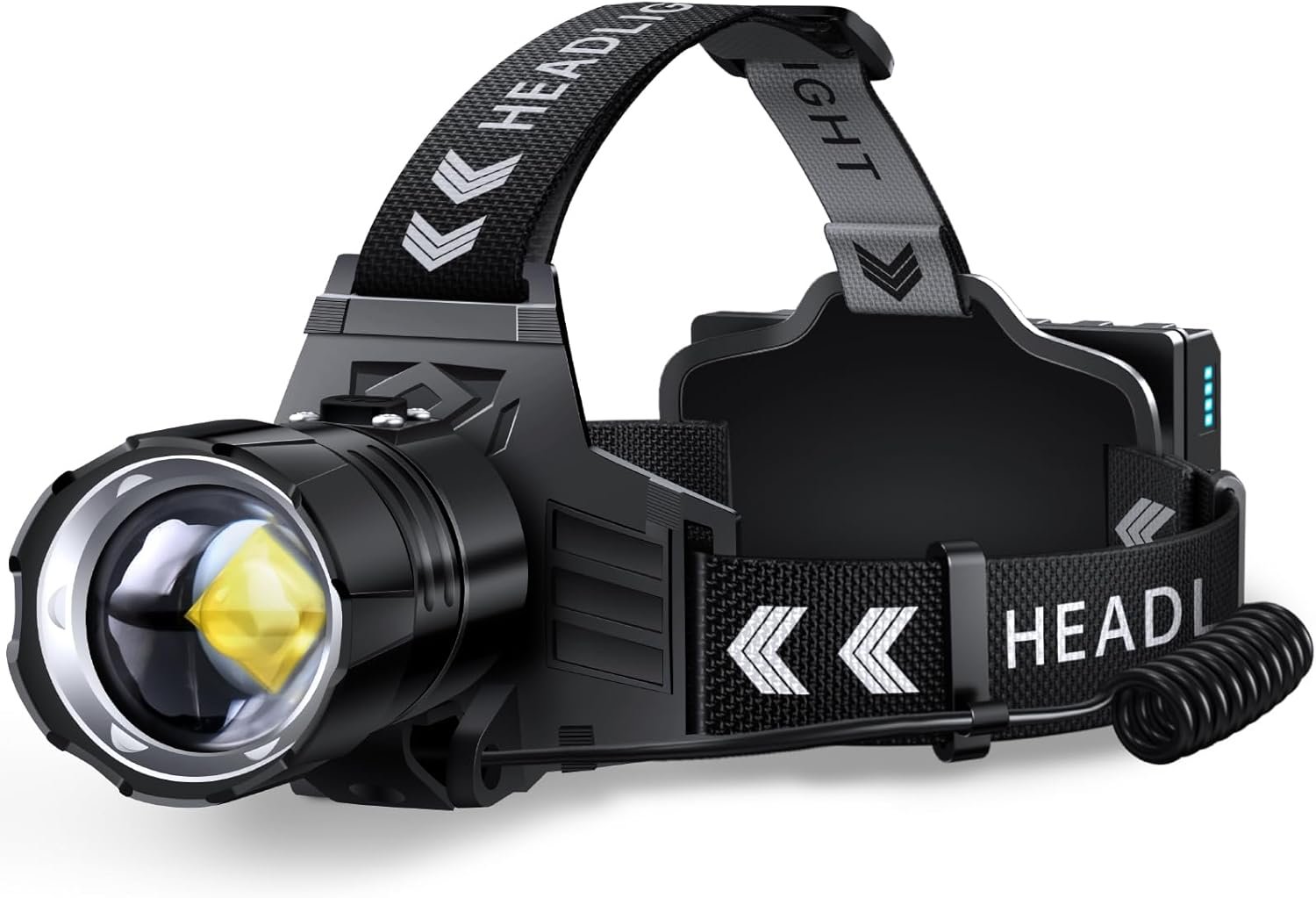 Lampe frontale LED rechargeable 99000 Lumens, lumière de tête durable de 95 heures avec zoomable et IPX7 imperméable et 12 modes et 125 ° réglable, lampe de tête puissante pour l'extérieur, camping, hardhat