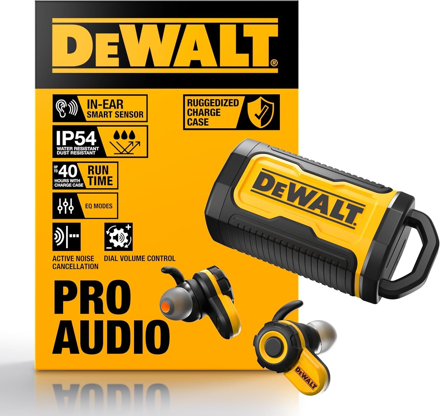 DEWALT Jobsite Pro X2 True Wireless Work Earbuds — ANC Active Noise Cancelling, Glove-Friendly Dial Control, 40+ Hour Runtime, IP54 Water Resistant, 4 EQ Modes, Bluetooth