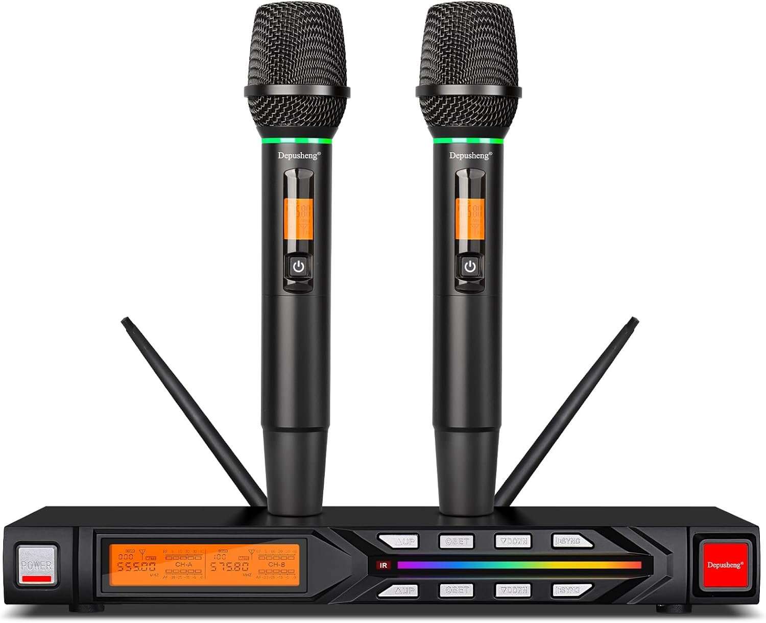 R7 Ensemble de Microphone sans Fil équipé de Deux Microphones à Main dynamiques et d'un récepteur, avec Une portée de réception de 80 mètres