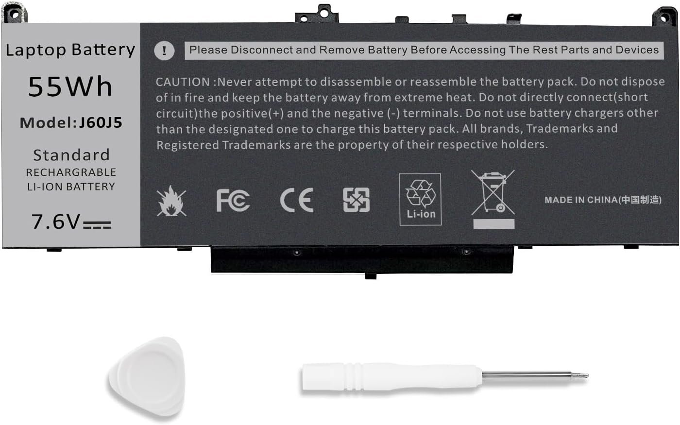 Batterie J60J5 7,6 V 55 Wh pour Dell Latitude 12 E7270 P26S001 et Latitude 14 E7470 P61G001 – Compatible J60J5, 0J60J5, R1V85, 451-BBSX, 451-BBSY, 451-BBSU, MC34Y, 242WD, 0MC34Y
