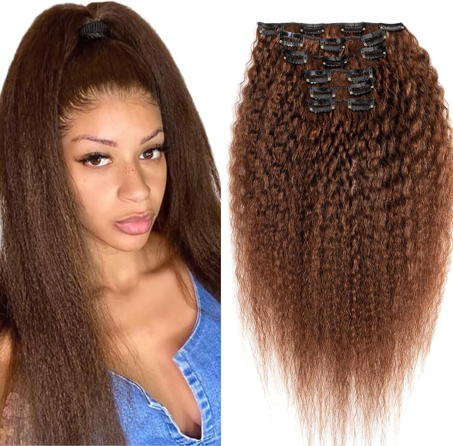 Lot de 6 extensions de cheveux humains brésiliens raides à clipser pour femme noire Tête complète 8A Cheveux humains brésiliens Yaki 55,9 cm 16 clips