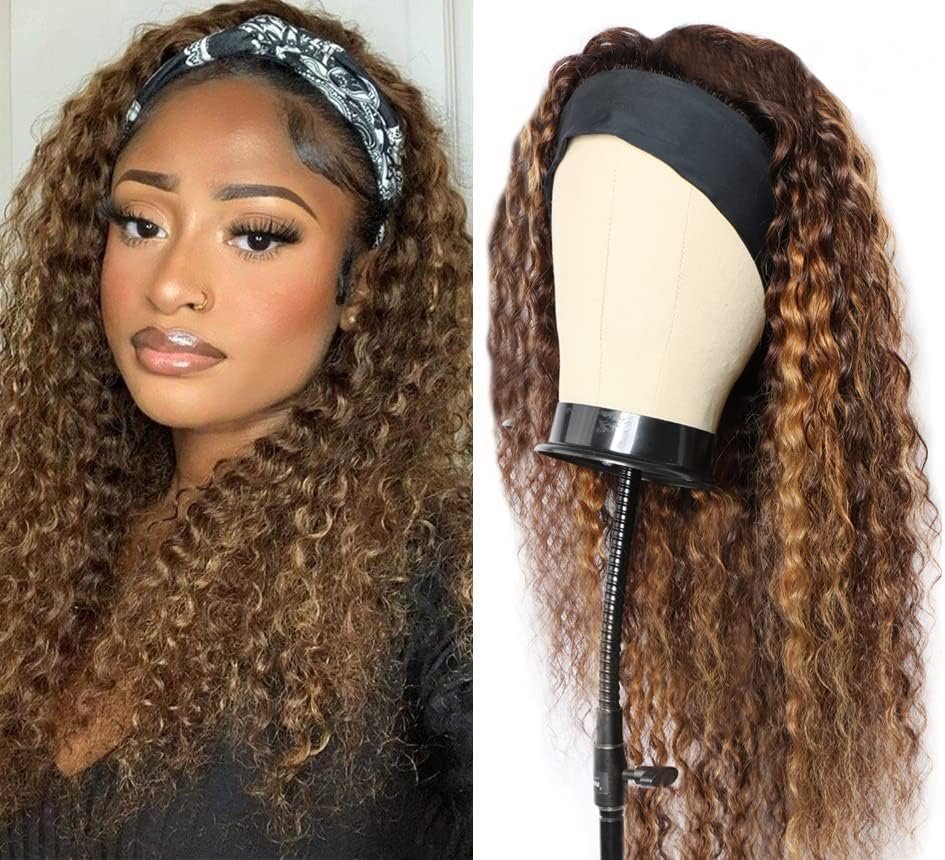 Perruque Bandeau Cheveux Humains Bouclée Sans Colle Headband Wig 12 Pouces Couleur Blonde Ombre 4/27 Deep Wave Headband Wig