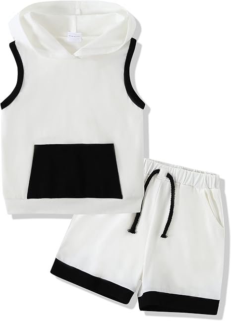 Ensemble de Vêtements d'Eté 2 Pièces pour Garçon avec Capuche, Débardeurs et Shorts sans Manches avec Poches
