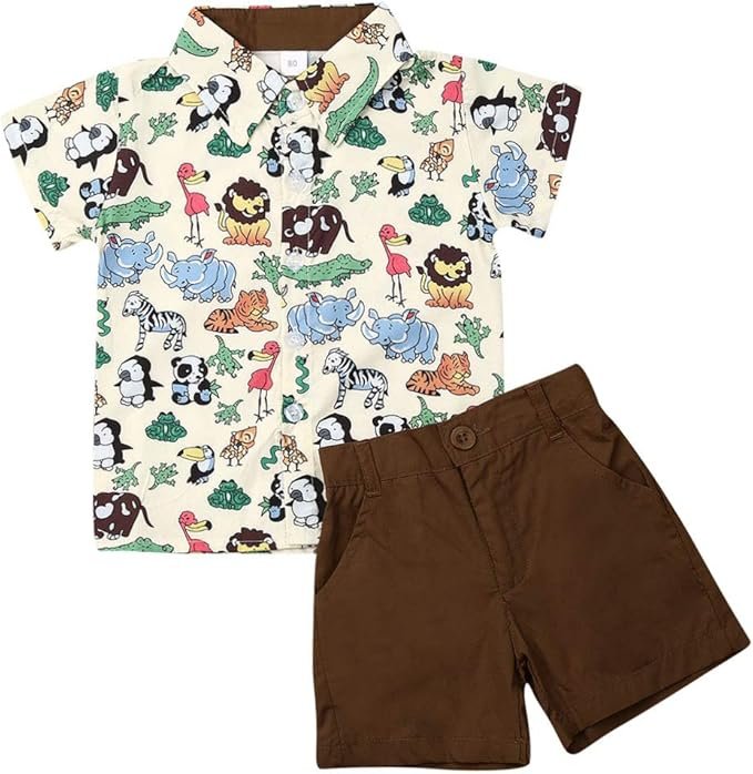 Tenues d'Eté pour Tout-Petits Garçons à Mmanches Courtes et Boutons à Revers Ensemble de 2 Vêtements Imprimés d'Animaux de Dessin Animé