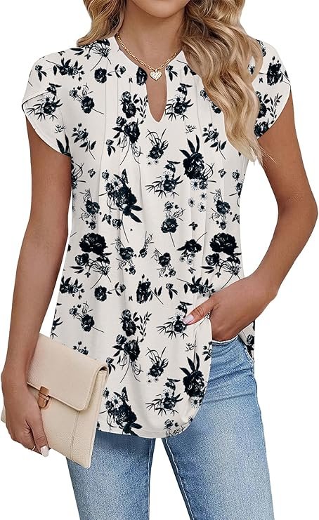 Tunique Femme Manche Courte Col en V Blouse Femme Ete Élégant Couleur Unie/Fleurs Tee Shirt