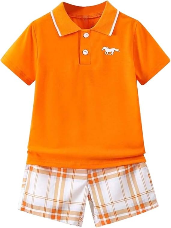 Enfants Tween Garçon Vêtements Casual Short Sleeve Polo + Plaid Print 2Pcs Shorts Ensemble de vêtements d'été