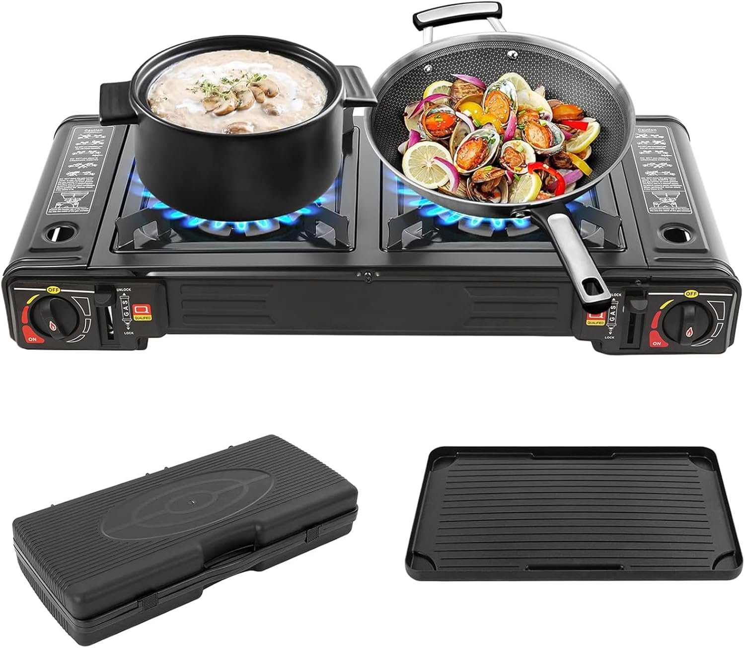 Réchaud à gaz portable 2 feux avec plateau de barbecue et mallette de rangement pour camping, voyage, randonnée, pique-nique, barbecue sur la terrasse et bien plus encore