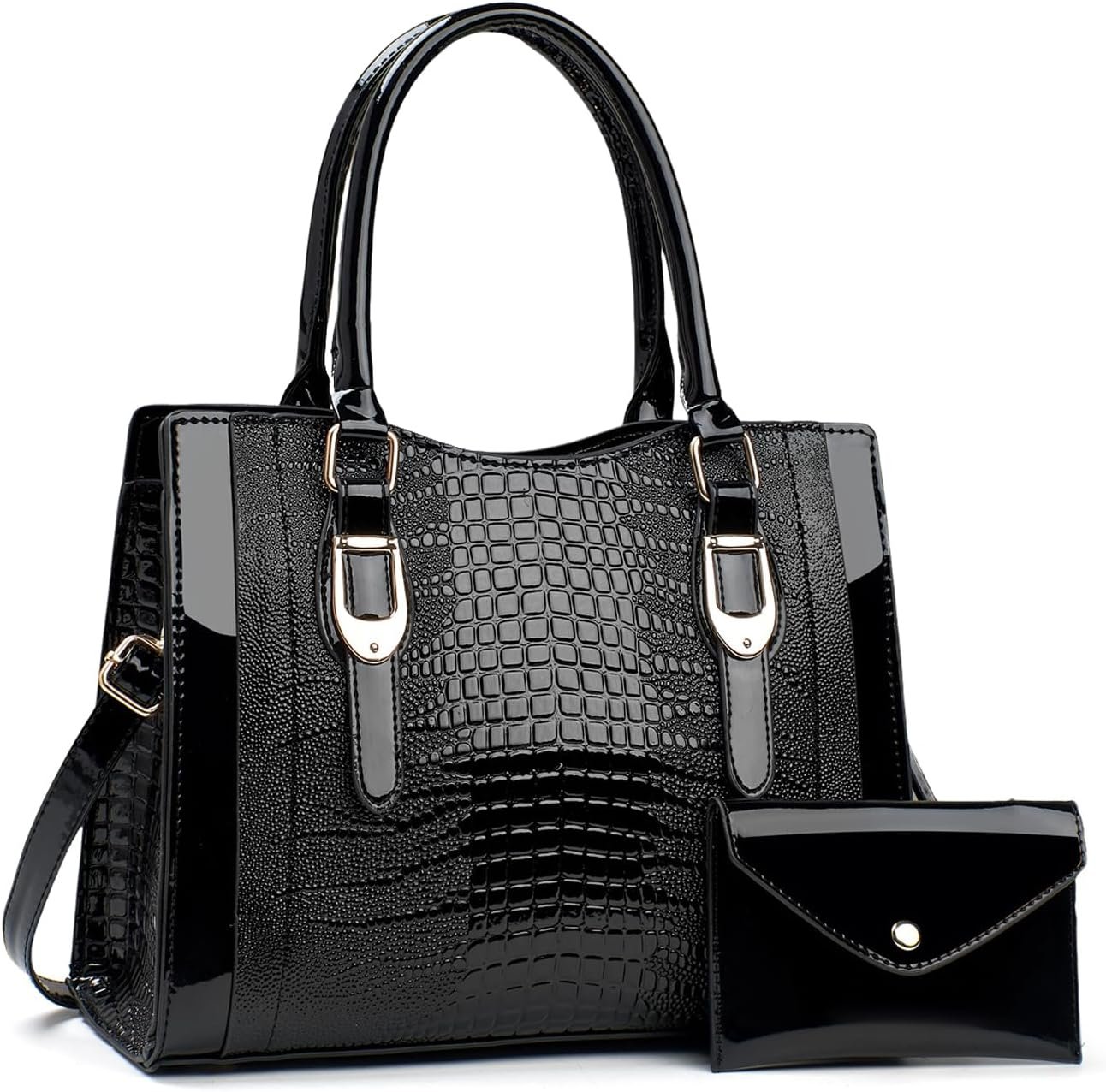 Sac à Main Femme Sac Fourre Tout Moyen Sac Bandoulière Cuir Verni Sac D'épaule Sac Ensemble avec Portefeuille pour Travail Shopping Voyage