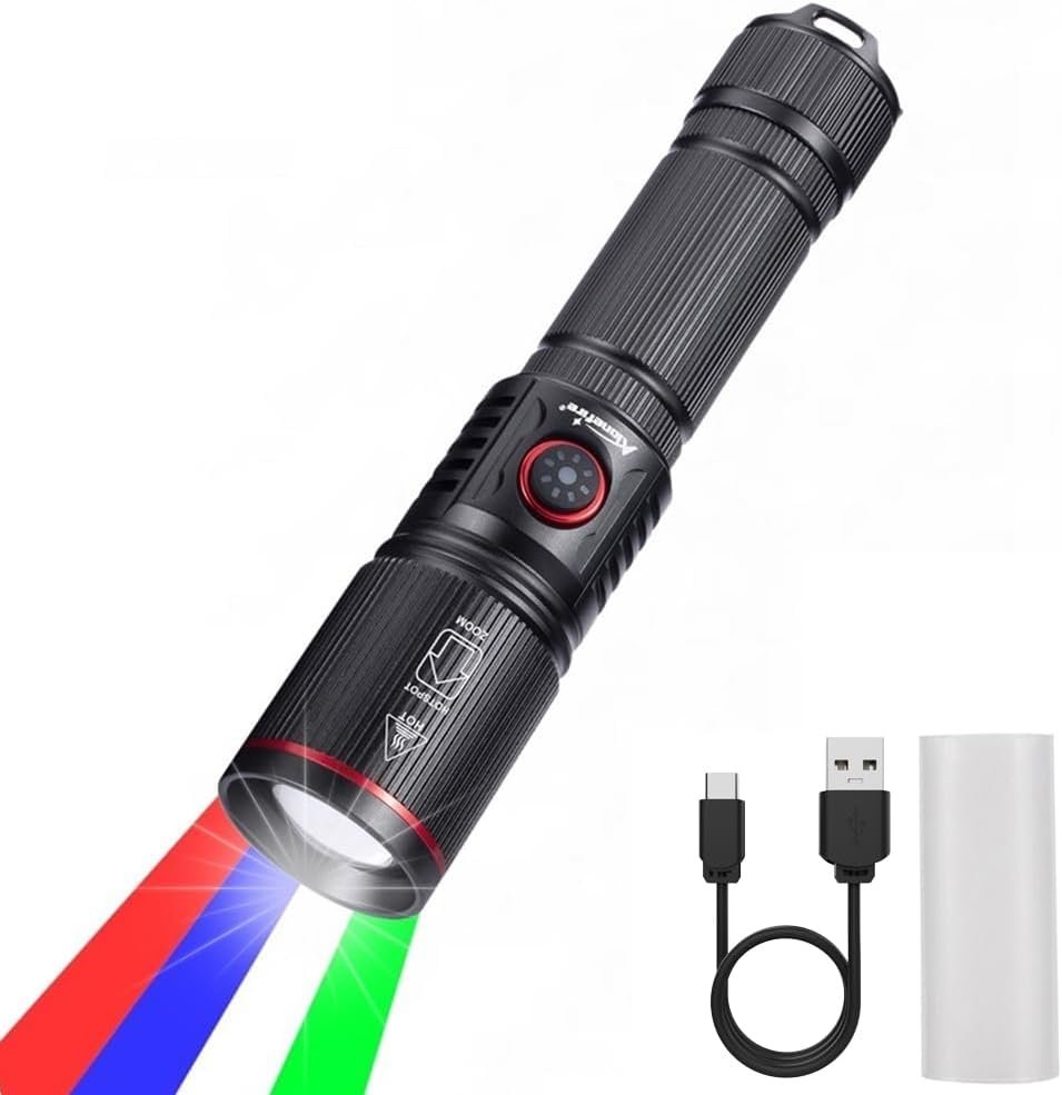 SV96 RGBW 4 Couleurs Multicolore LED Lampe Torche Rechargeable USB C Blanc Vert Lumière Bleue, Lampe de Poche Rouge Stroboscopique Zoom avec Batterie incluse pour Nuit, Animal, Astronomie
