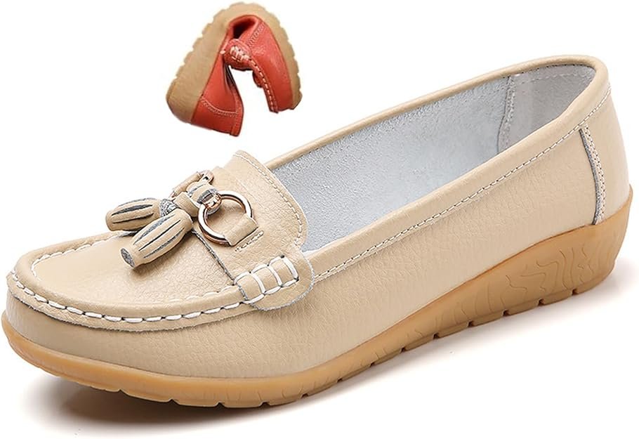 Moccasins orthopédiques en cuir pour femme, mocasins classiques en caoutchouc semelles antidérapantes décontractées à enfiler pour le bureau, les voyages, les voyages
