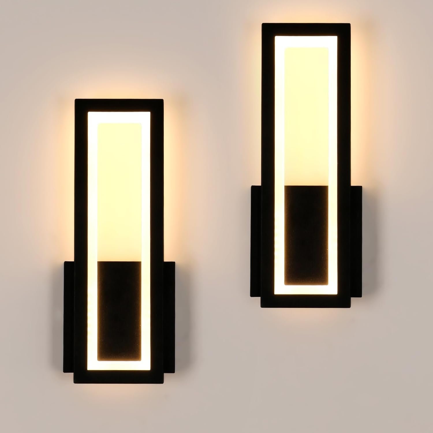 Applique Murale Intérieure LED, 2 Pièces 16W 1800LM Moderne Acrylique Lampe Murale Noir, Luminaire LED 3000K Blanc Chaud