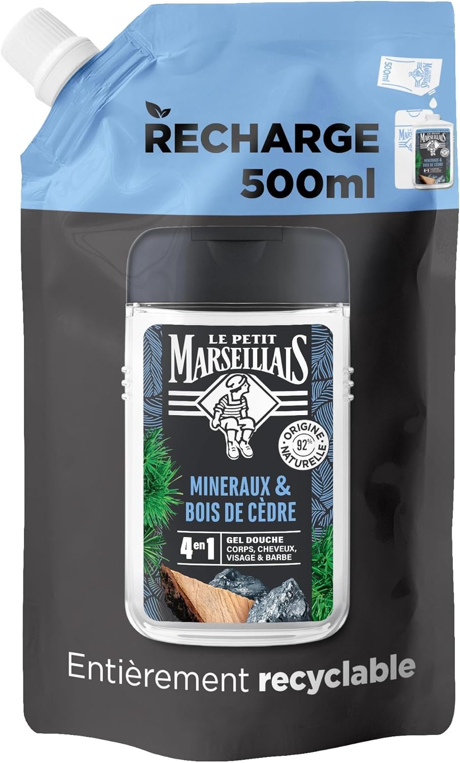 Le Petit Marseillais | Recharge Gel Douche Homme Minéraux & Bois de Cèdre (écopack de 500 ml) – Formule 4 en 1 corps, cheveux, visage & barbe – 92% d'ingrédients d'origine naturelle et pH neutre