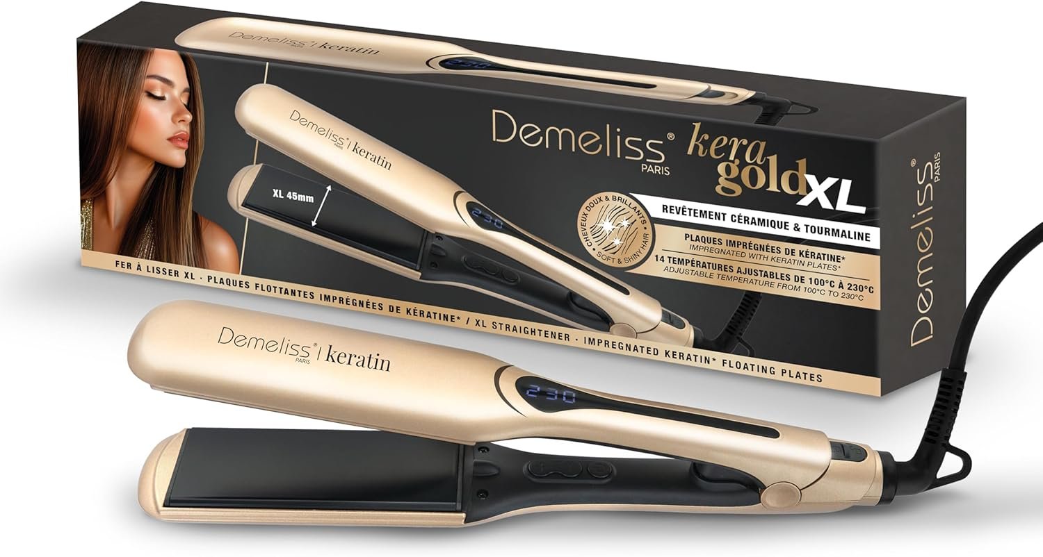 Algue Lisseur Kera-GOLD XL - Plaques Larges Kératine - 14 Températures - Écran Digital - Cordon Rotatif 360° - Lissage Professionnel - Adapté à Tous Cheveux - Écran Digital