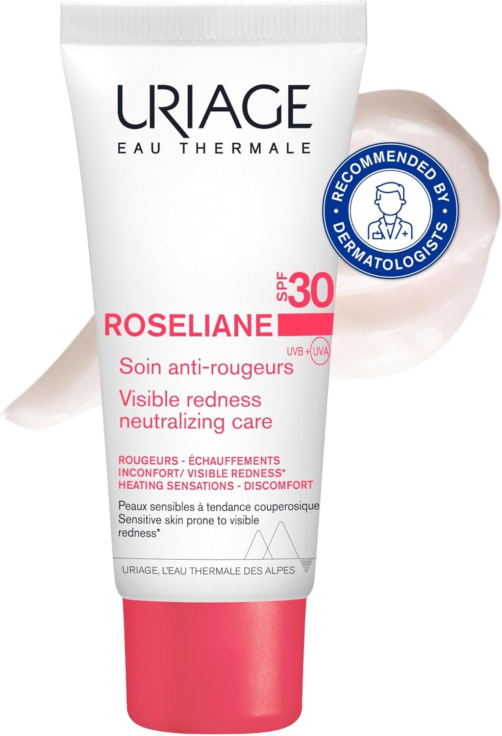Uriage Roseliane Crème Hydratante Visage Anti-Rougeurs SPF30 - Extraits de Ginseng, Algues - Couvre les Rougeurs, Action Apaisante Longue Durée - Parfum Floral - Peau Sensible - Non Comédogène - 40ml