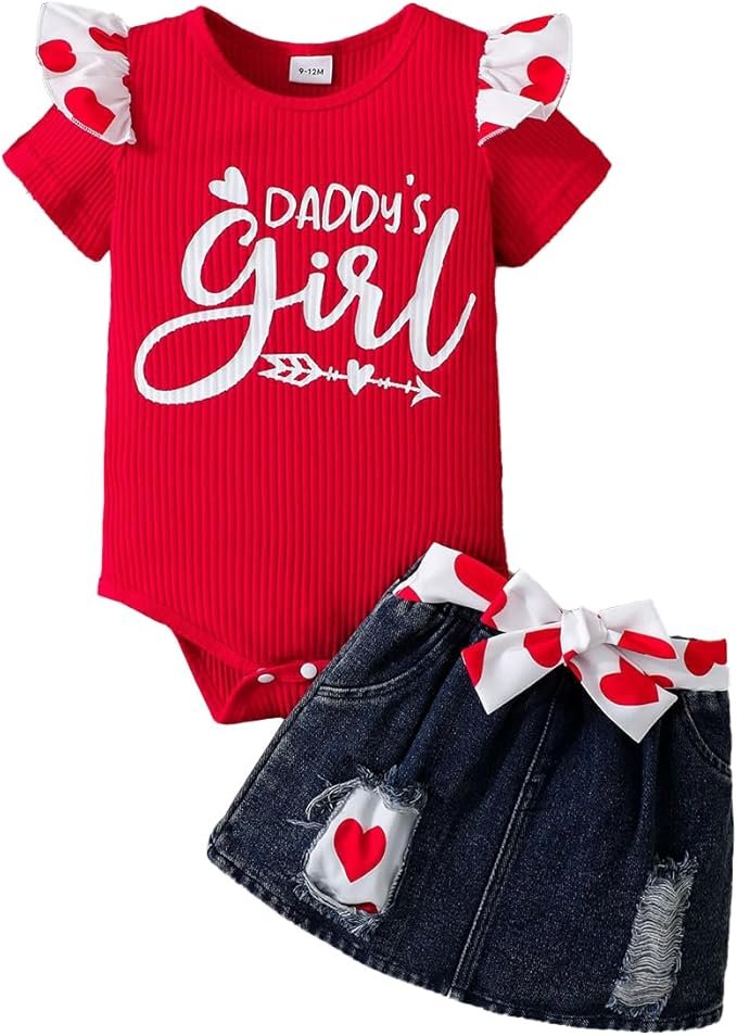 Vêtements Nouveau-né Bébé Fille Manches Volantées Barboteuse+ Déchirée Jean Jupe Bébé Ensemble