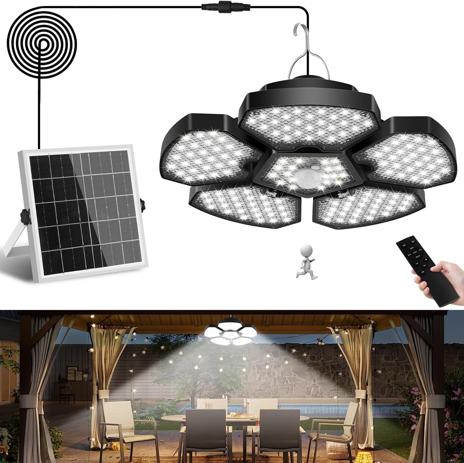 Suspension Solaire avec Détecteur de Mouvement et Télécommande, 156 LED, Cordon de 5 m, Lumière Intérieure et Extérieure pour Jardin, Cour, Balcon, Couloir