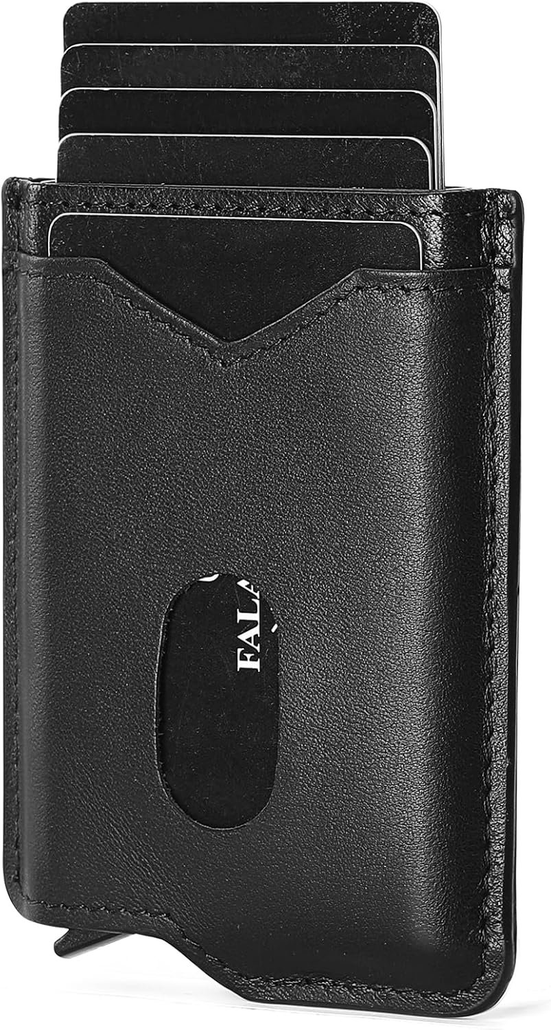 Portefeuille fin et intelligent pour homme en cuir véritable minimaliste avec porte-cartes et ceinture anti-RFID - Étui en aluminium pour cartes de crédit, noir