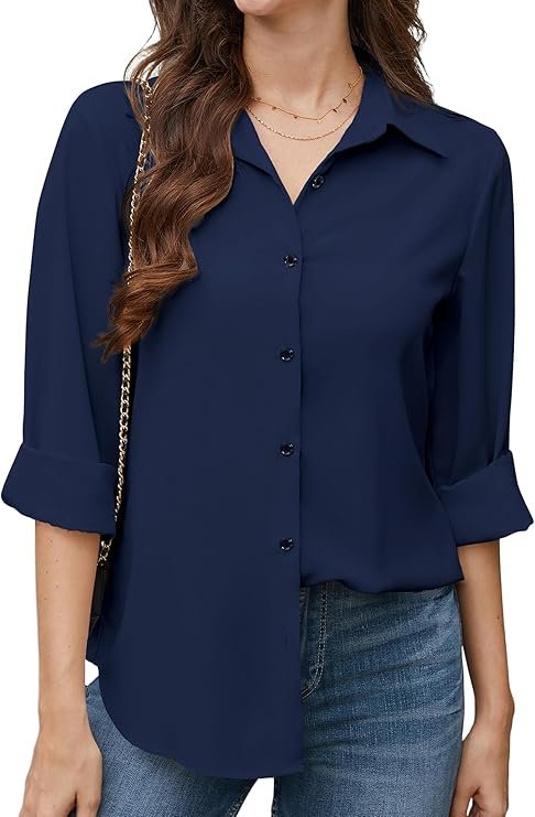 Chemisier Femme à Manches Longues Chic et Élégant Chiffon Chemise Col en V Bureau Travail Haut avec Boutons