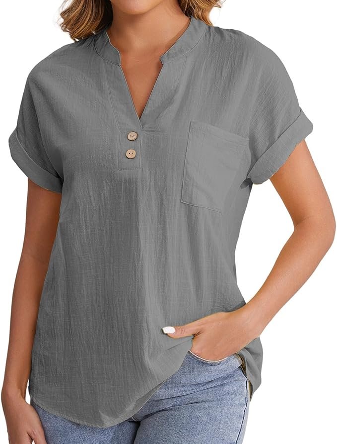 Women's Fashion Casual V Neck Button Down Short Sleeve Top T Shirt Blouse Bleu De Travail